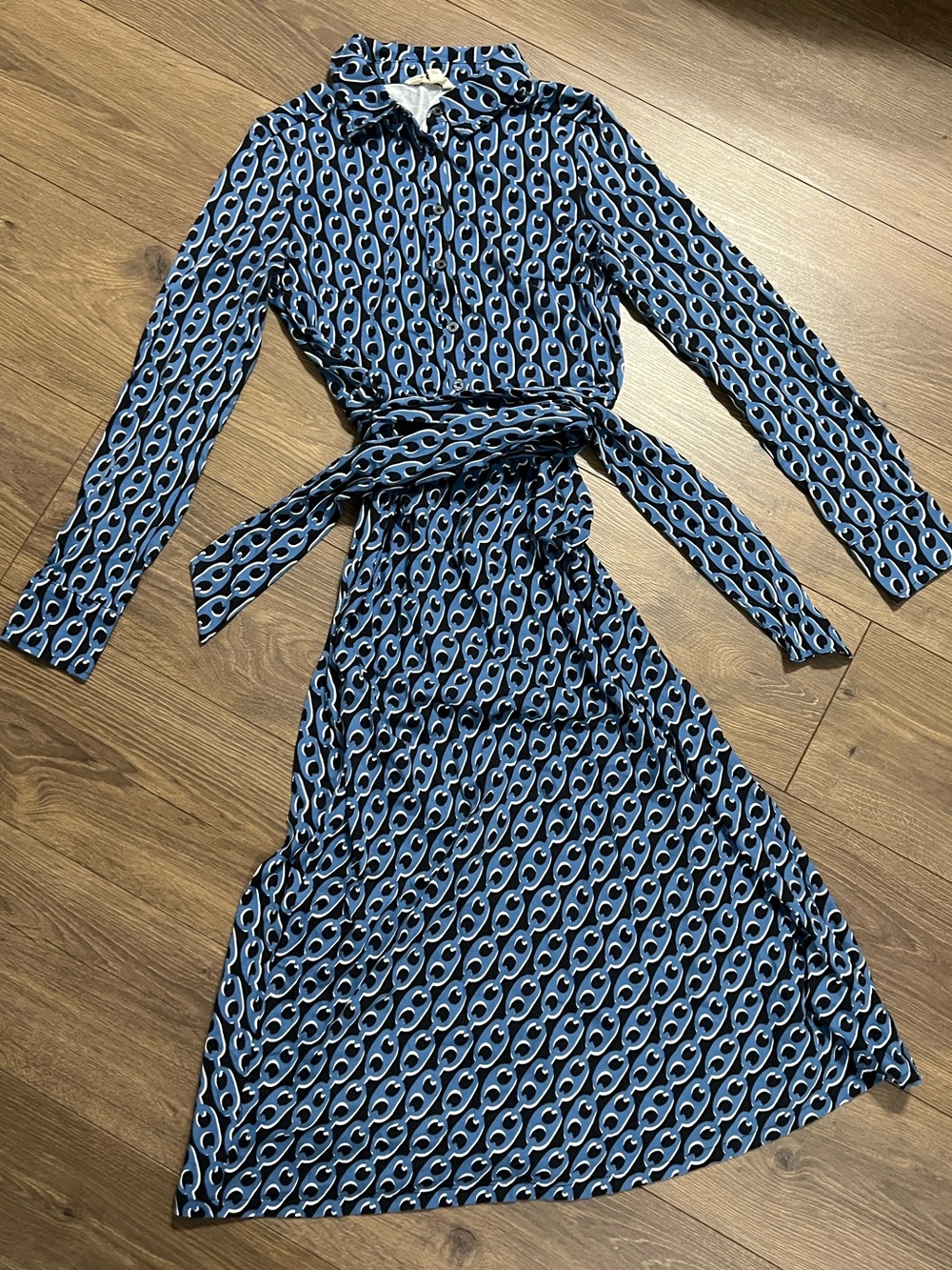 Boden Laura Jersey Midi Shirt Dress Blue Geo Chain Link US 4L / UK 8L - Picture 2 of 9